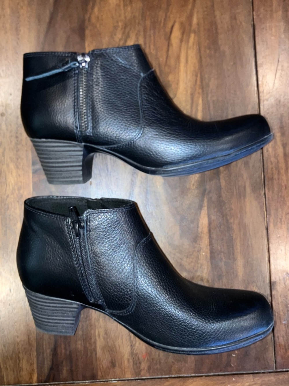 Clarks Black Leather Ankle Booties with Stacked Heel